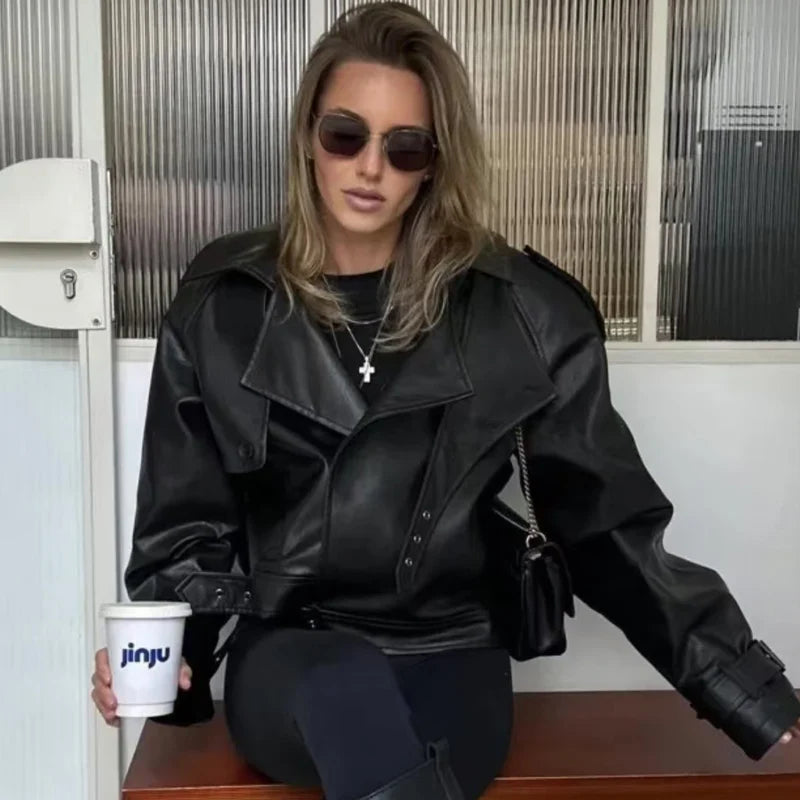 HXAO Leather Cropped Jacket Women's Bomber Jacket Demi-Season New Outerwears Women's Moto Biker Zipper Jacket Pu Streetwear Coat