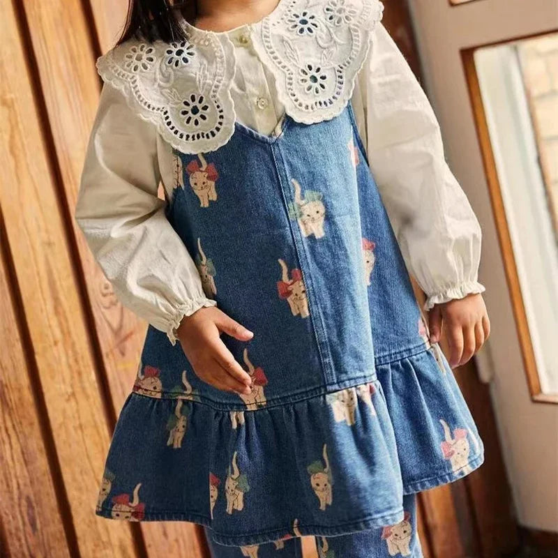 New KS Brand Toddler Kids Girls Cute Cats Print Dress Long Sleeve Blouse T-shirt Children Denim Jacket Coats Jean Pants Clothes