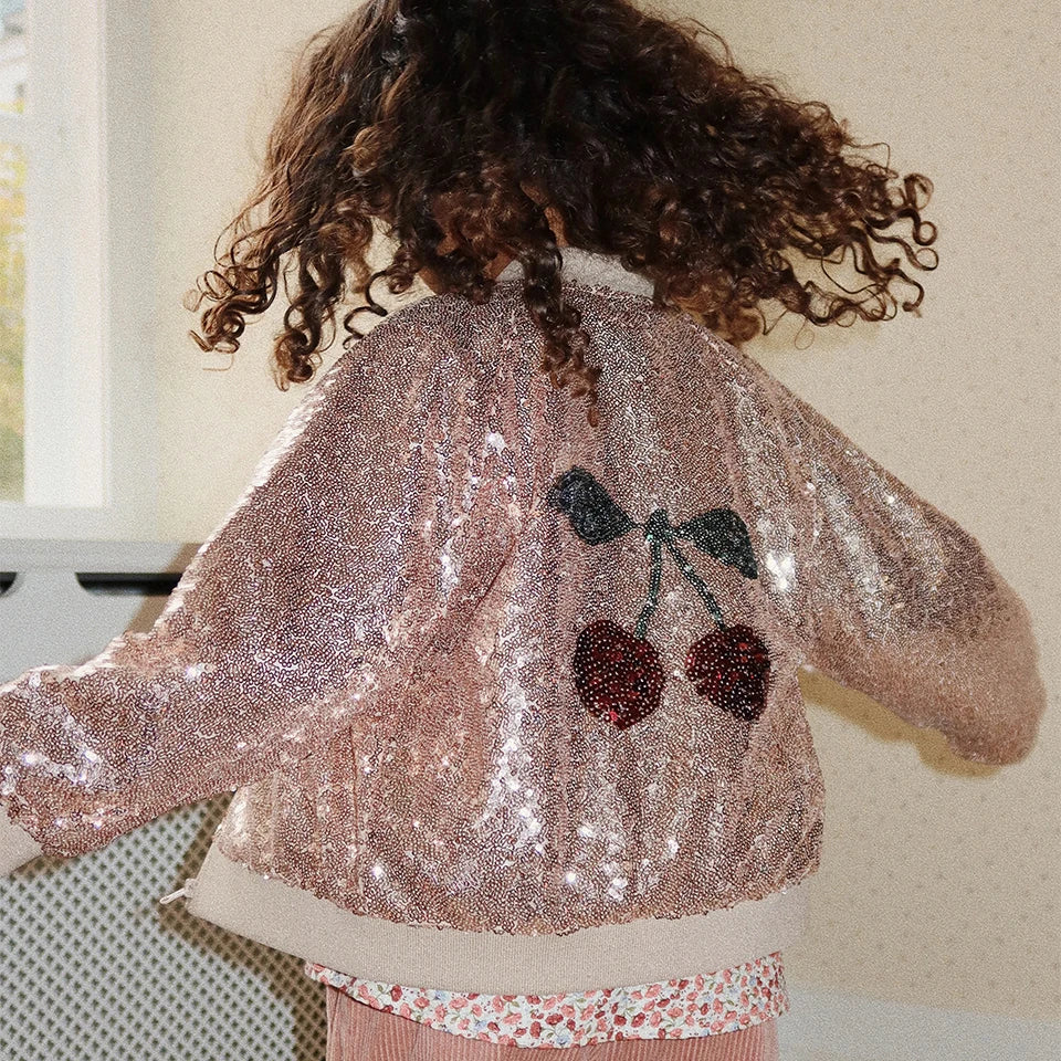 New KS Girls Cherry Embroidery Shiny Jacket Boys Panda Sequin Outerwear Children Cotton Hooded Coat Denim Sweatshirt Kid Clothes