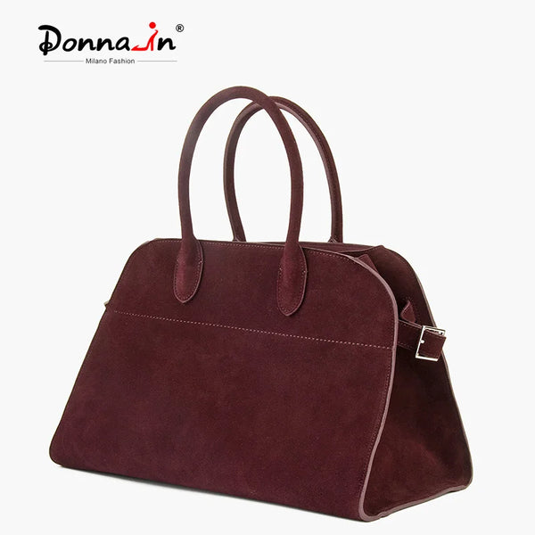 Donna-in Cow Suede Large Handbag Genuine Leather Casual Top Handle Tote Bag for Women Wine Red Fashion