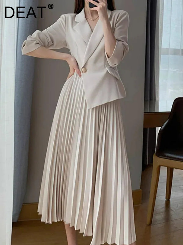 DEAT Women's Fashion Fake 2 Pcs Set Suit Dress Nothed Single Button Asymmetric Pleated Spliced Mid-calf Spring 2025 New 13DL91