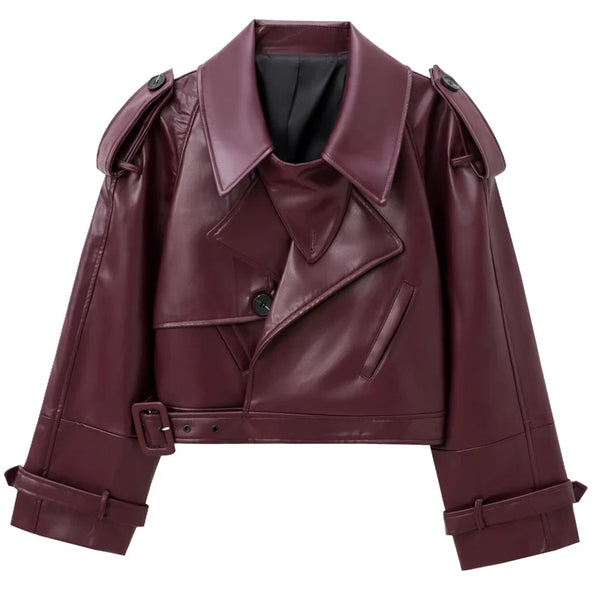 HXAO Leather Cropped Jacket Women's Bomber Jacket Demi-Season New Outerwears Women's Moto Biker Zipper Jacket Pu Streetwear Coat