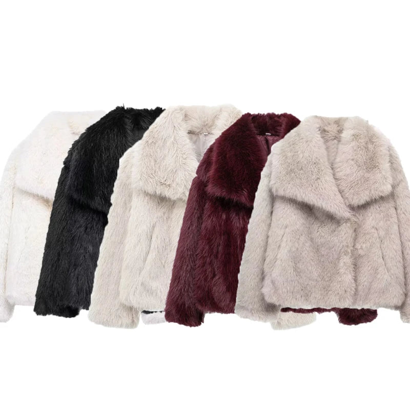 TRAF Faux Fur Coat 2024 Woman New in coats Autumn Winter Fur Plush Fluffy Jacket Warm Red Gray Black White Fur Coat Outerwears