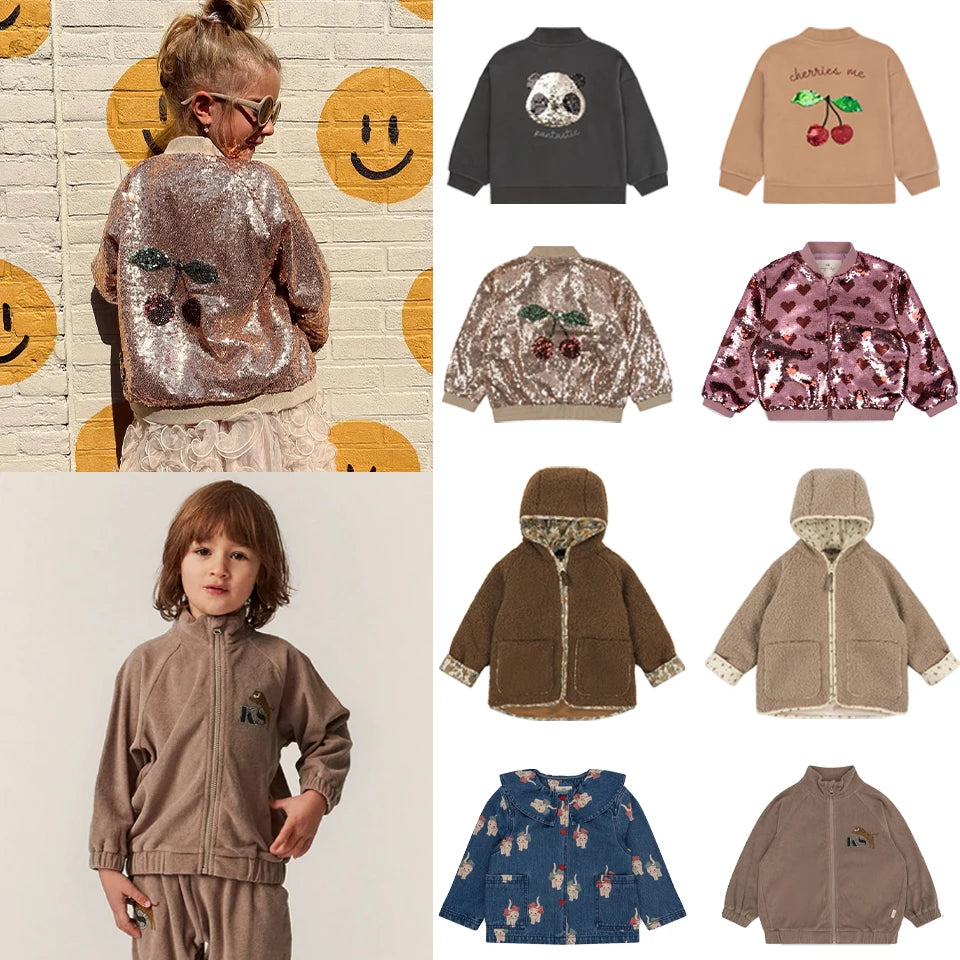 New KS Girls Cherry Embroidery Shiny Jacket Boys Panda Sequin Outerwear Children Cotton Hooded Coat Denim Sweatshirt Kid Clothes