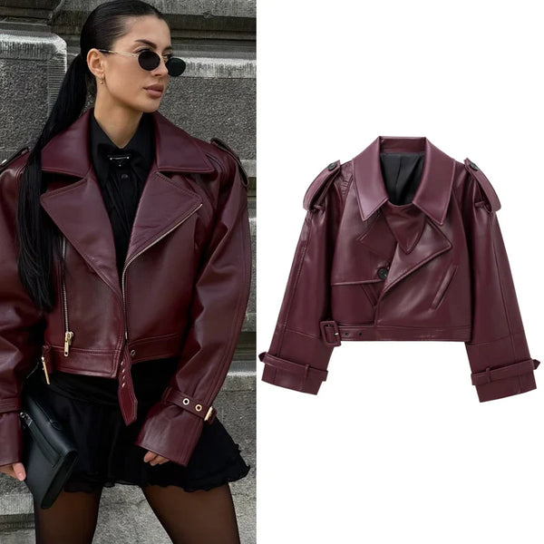 HXAO Leather Cropped Jacket Women's Bomber Jacket Demi-Season New Outerwears Women's Moto Biker Zipper Jacket Pu Streetwear Coat