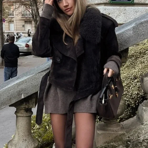 Vintage Brown Faux Fur Collar Suede Short Women's Jacket Fashion Lace Up Long Sleeve Cropped Coats Winter Female 2024 Streetwear
