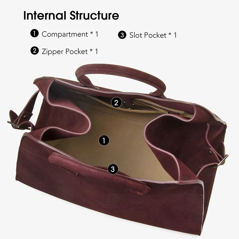 Donna-in Cow Suede Large Handbag Genuine Leather Casual Top Handle Tote Bag for Women Wine Red Fashion