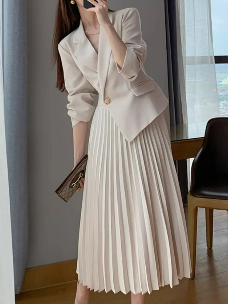 DEAT Women's Fashion Fake 2 Pcs Set Suit Dress Nothed Single Button Asymmetric Pleated Spliced Mid-calf Spring 2025 New 13DL91