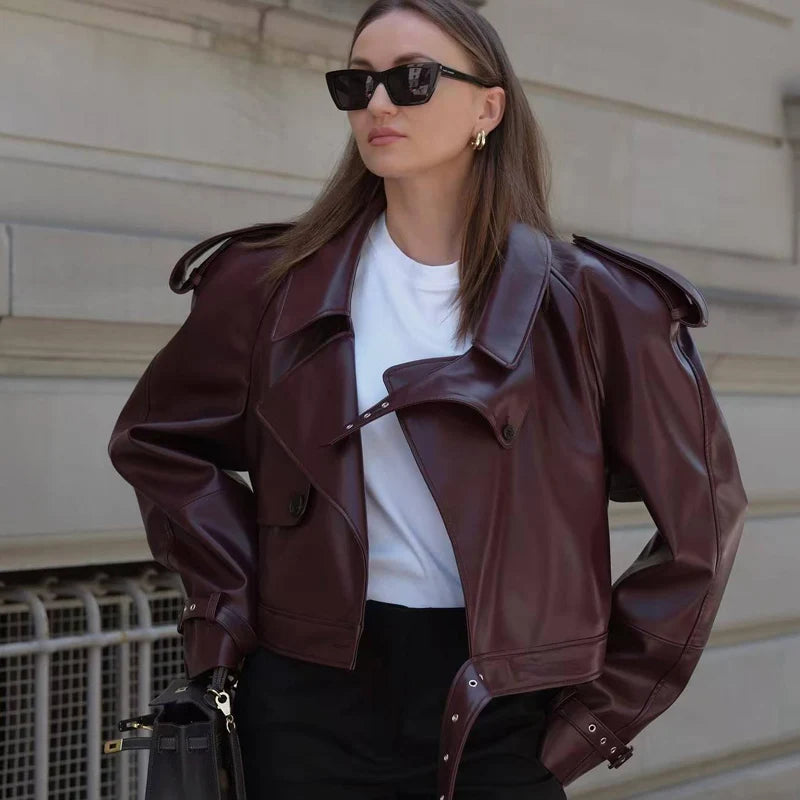 HXAO Leather Cropped Jacket Women's Bomber Jacket Demi-Season New Outerwears Women's Moto Biker Zipper Jacket Pu Streetwear Coat