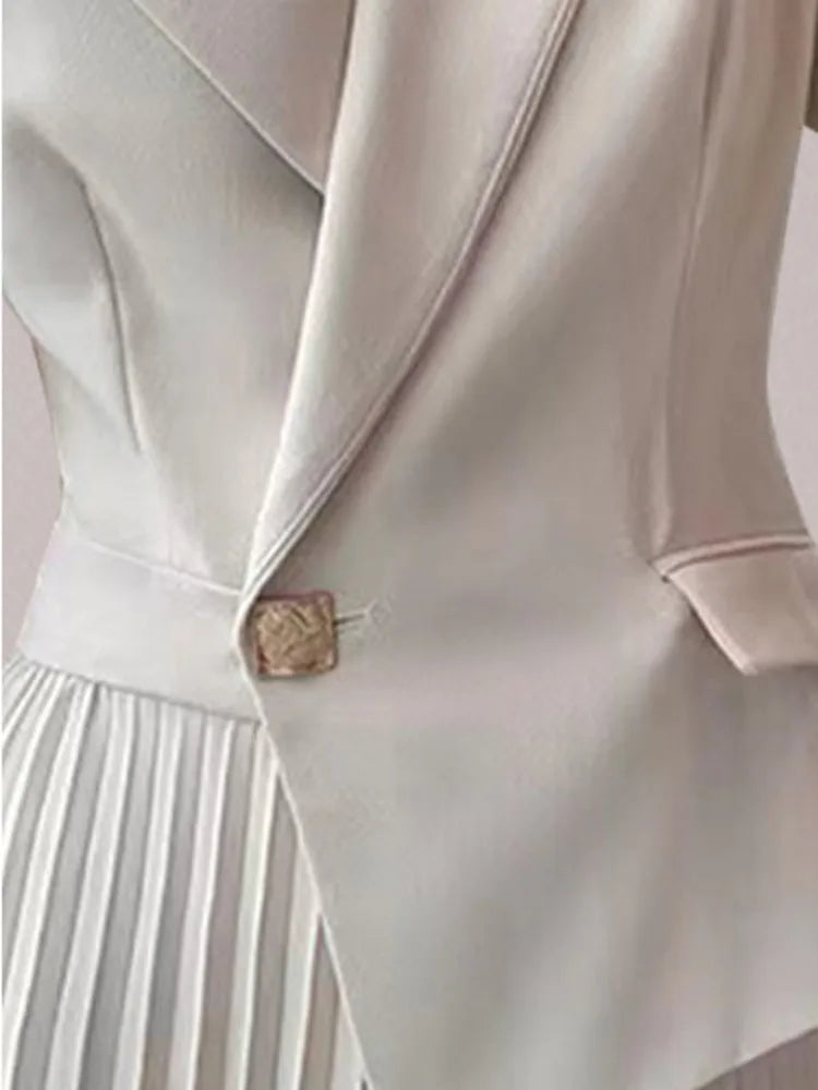 DEAT Women's Fashion Fake 2 Pcs Set Suit Dress Nothed Single Button Asymmetric Pleated Spliced Mid-calf Spring 2025 New 13DL91