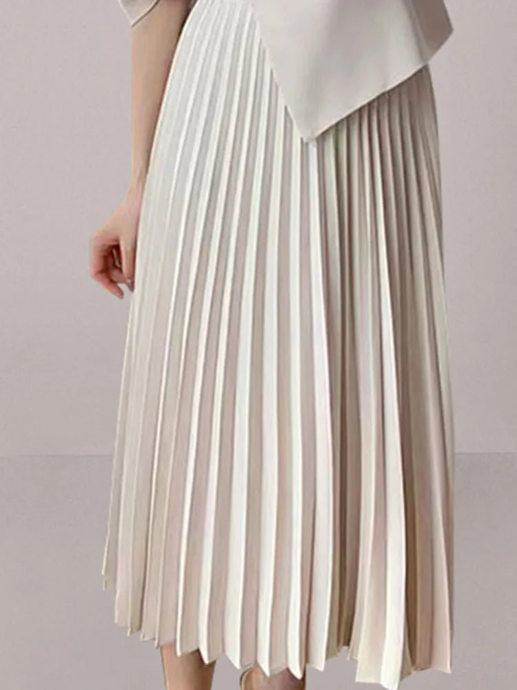 DEAT Women's Fashion Fake 2 Pcs Set Suit Dress Nothed Single Button Asymmetric Pleated Spliced Mid-calf Spring 2025 New 13DL91