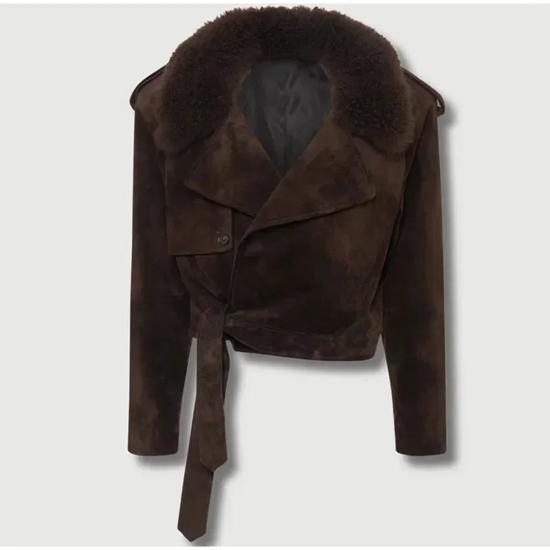 Vintage Brown Faux Fur Collar Suede Short Women's Jacket Fashion Lace Up Long Sleeve Cropped Coats Winter Female 2024 Streetwear