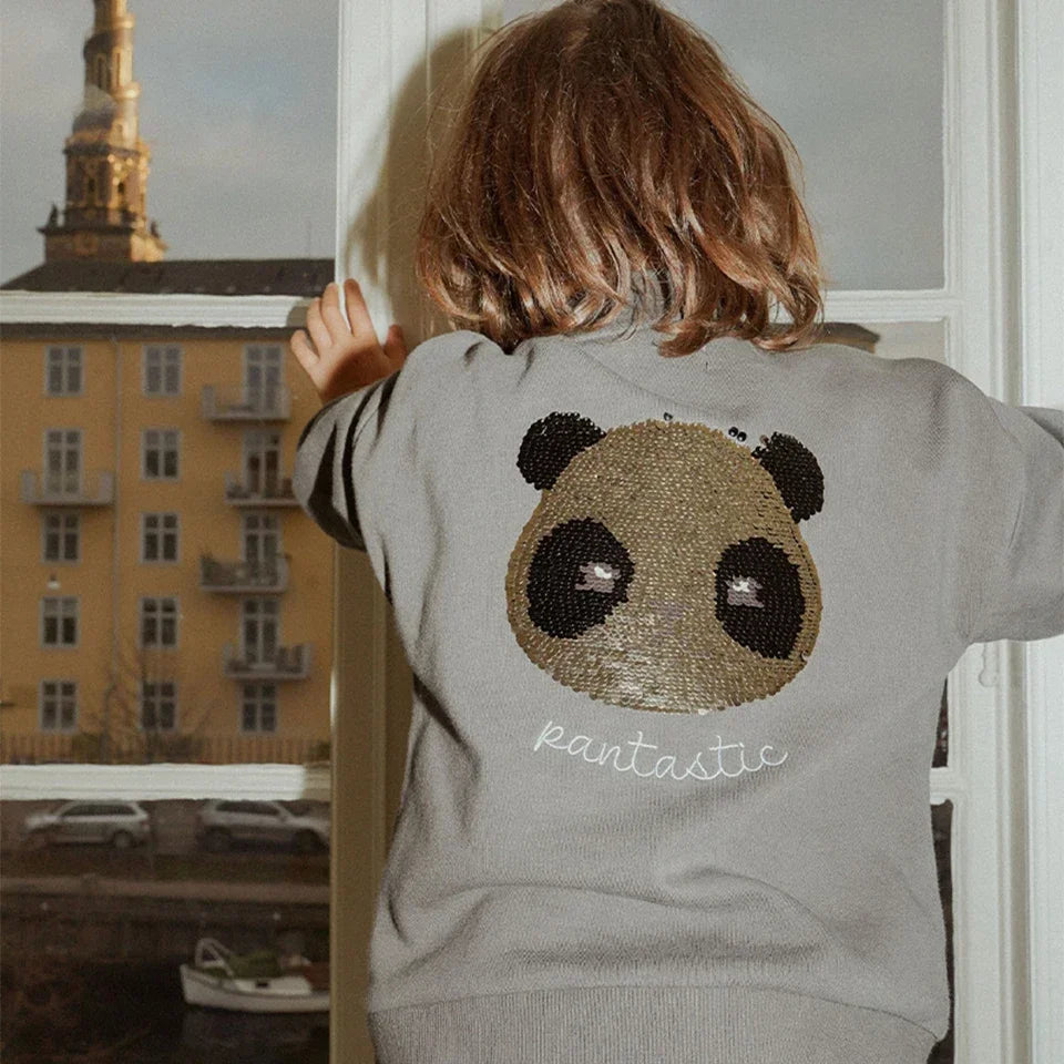New KS Girls Cherry Embroidery Shiny Jacket Boys Panda Sequin Outerwear Children Cotton Hooded Coat Denim Sweatshirt Kid Clothes