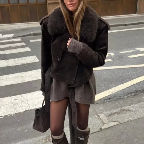 Vintage Brown Faux Fur Collar Suede Short Women's Jacket Fashion Lace Up Long Sleeve Cropped Coats Winter Female 2024 Streetwear