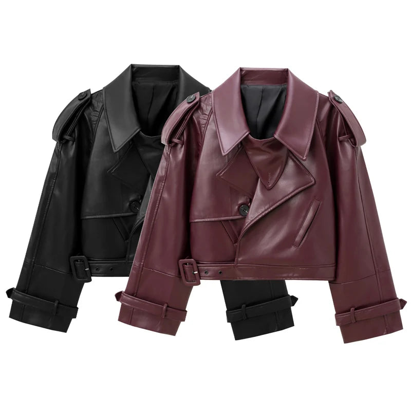 HXAO Leather Cropped Jacket Women's Bomber Jacket Demi-Season New Outerwears Women's Moto Biker Zipper Jacket Pu Streetwear Coat