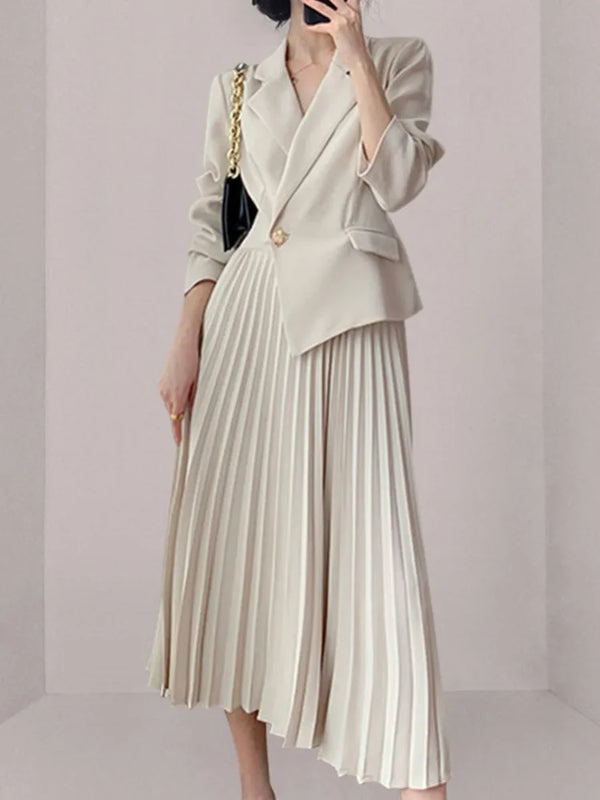 DEAT Women's Fashion Fake 2 Pcs Set Suit Dress Nothed Single Button Asymmetric Pleated Spliced Mid-calf Spring 2025 New 13DL91