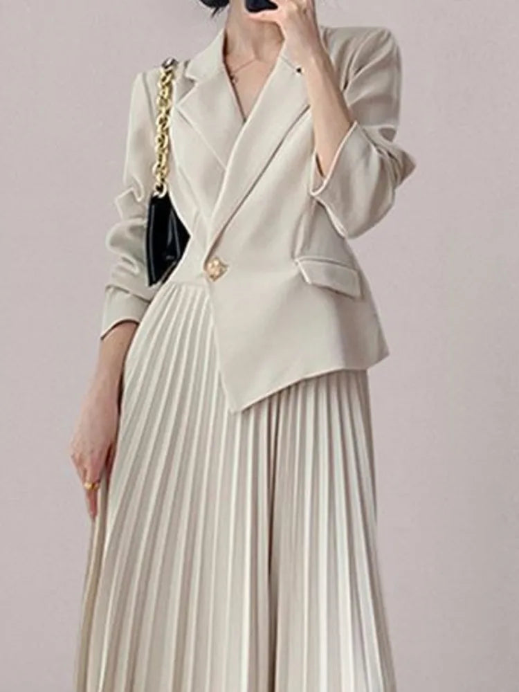 DEAT Women's Fashion Fake 2 Pcs Set Suit Dress Nothed Single Button Asymmetric Pleated Spliced Mid-calf Spring 2025 New 13DL91