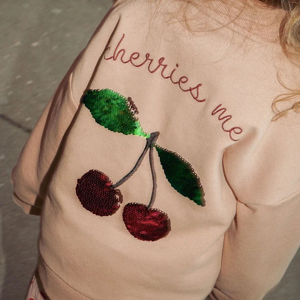 New KS Girls Cherry Embroidery Shiny Jacket Boys Panda Sequin Outerwear Children Cotton Hooded Coat Denim Sweatshirt Kid Clothes