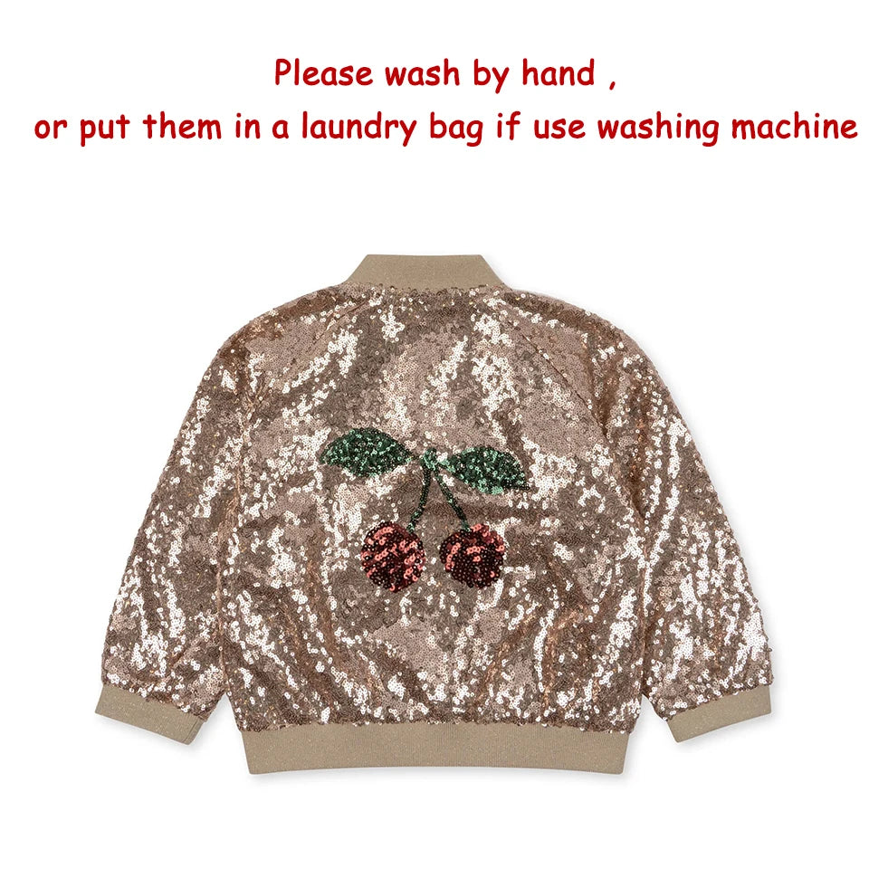 New KS Girls Cherry Embroidery Shiny Jacket Boys Panda Sequin Outerwear Children Cotton Hooded Coat Denim Sweatshirt Kid Clothes
